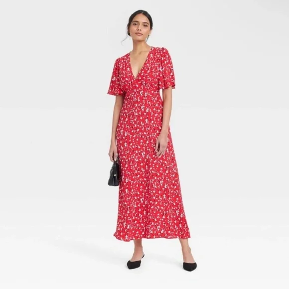 A New Day - Women's Short Sleeve Maxi Sundress Red Floral - Picture 3 of 7